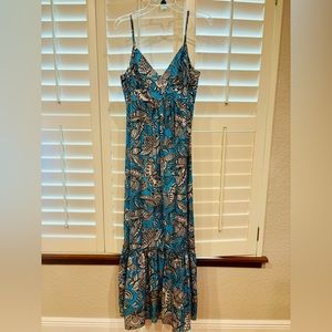 Vibrant Trina Turk LA Turquoise Brown Floral Silk Maxi Dress Sz 12 pockets